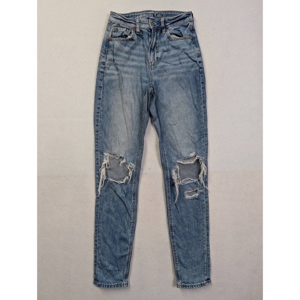 American Eagle Womens Mom Jean 00 Long Distressed Ripped‎ High Waist Blue